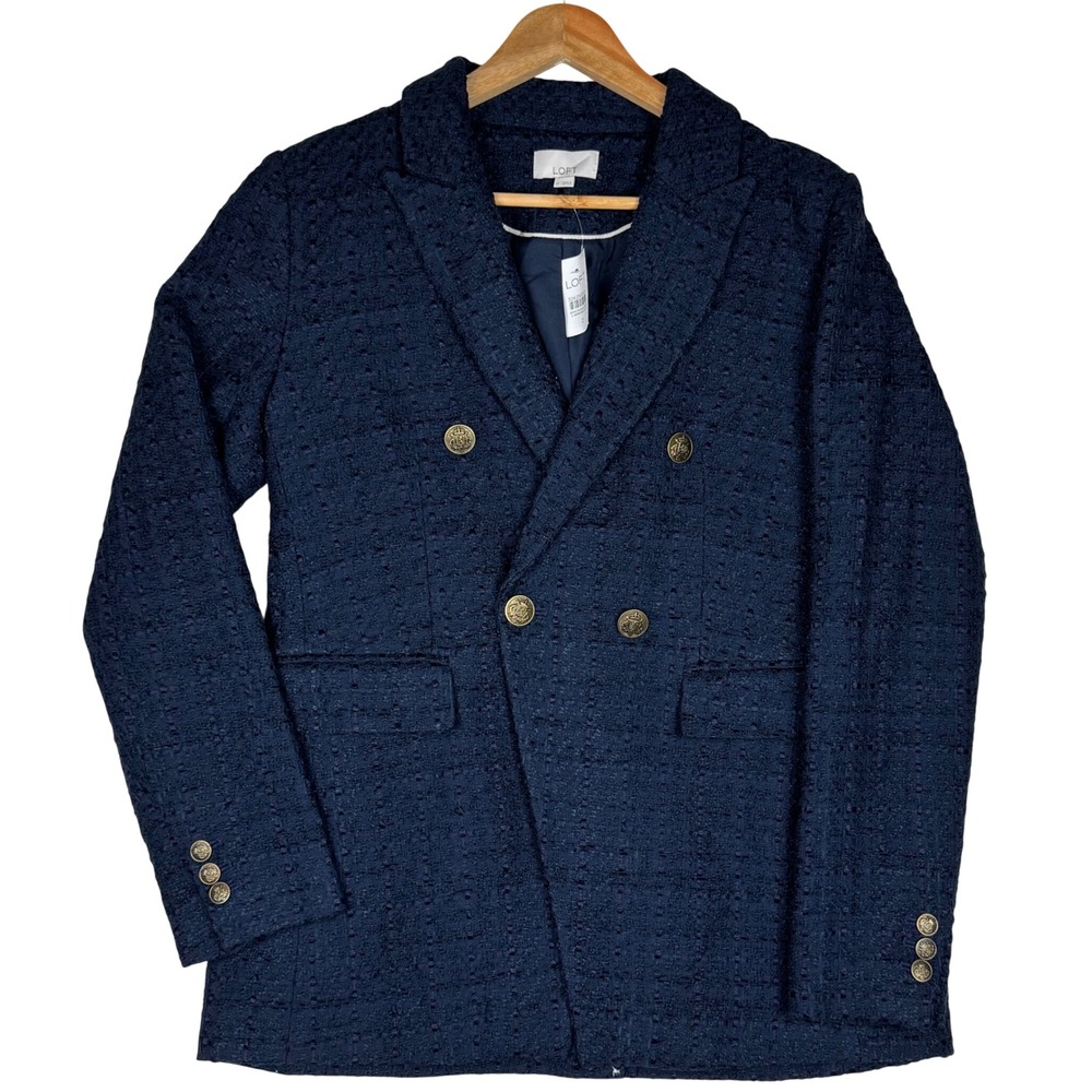 NWT LOFT Blazer Double Breasted Boucle Womens 2 Navy Blue Crest Career Old Money
